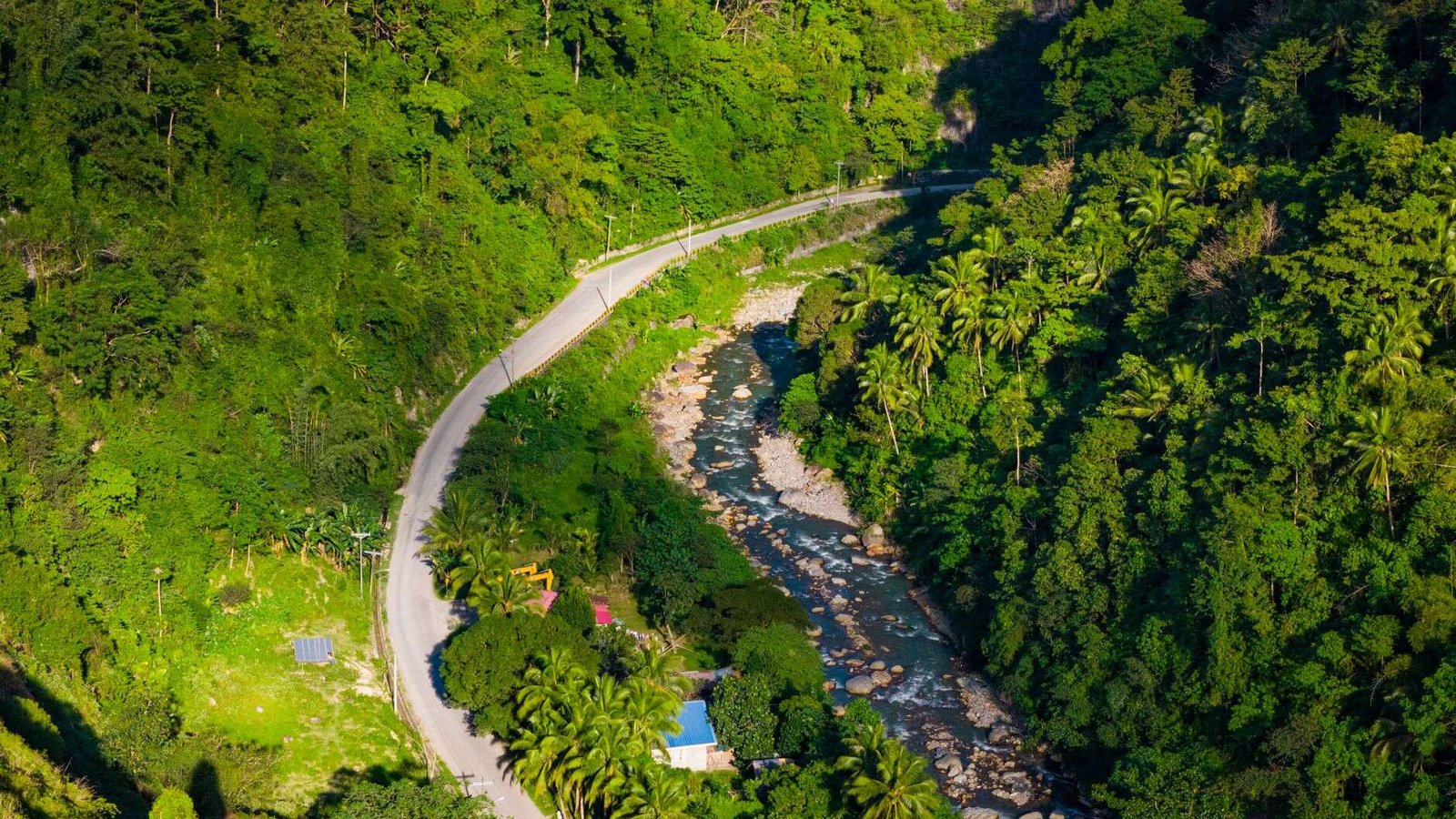 Aerial view of a river winding through tropical rainforest