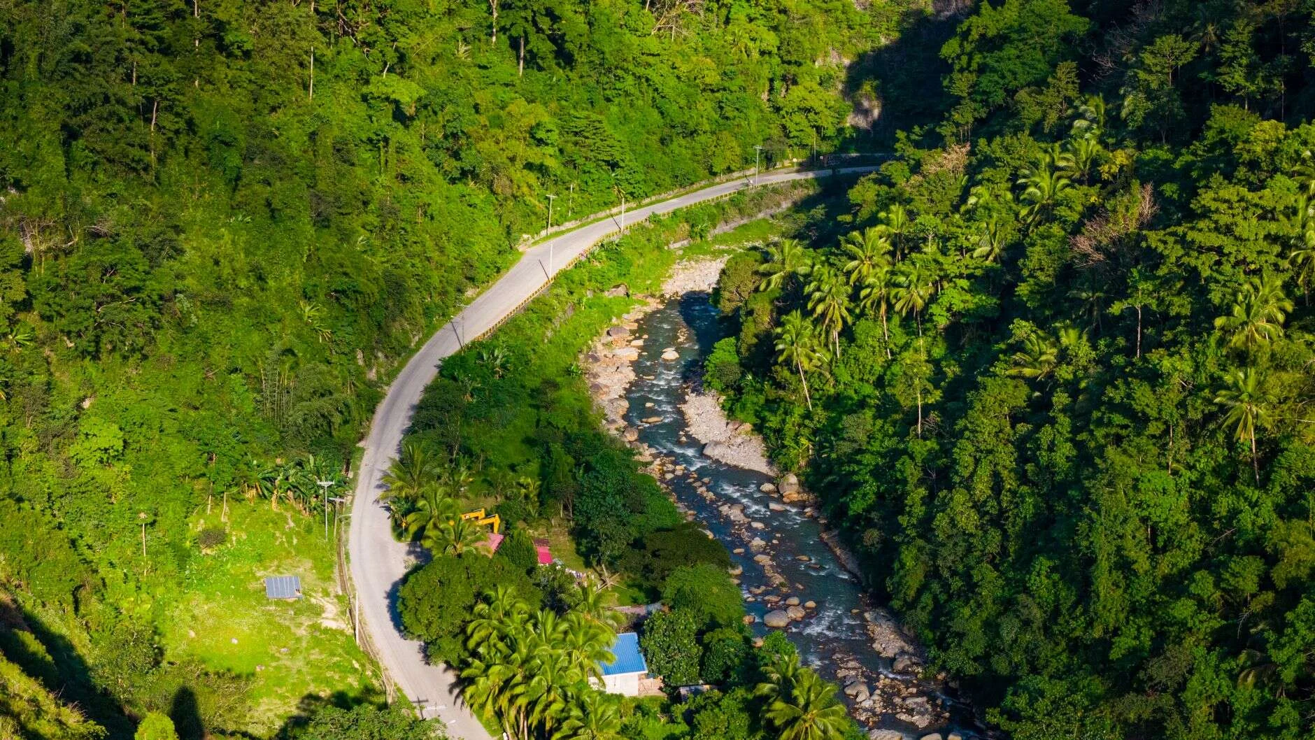 Aerial view of a river winding through tropical rainforest